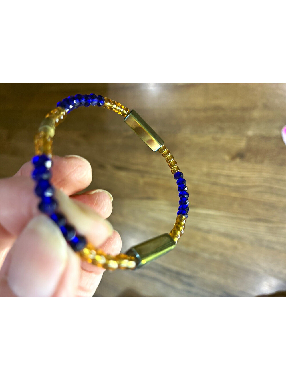 Gold & Blue Round Glass Bead Bangle Bracelet Slip-On Metal Ball/Bead Chain